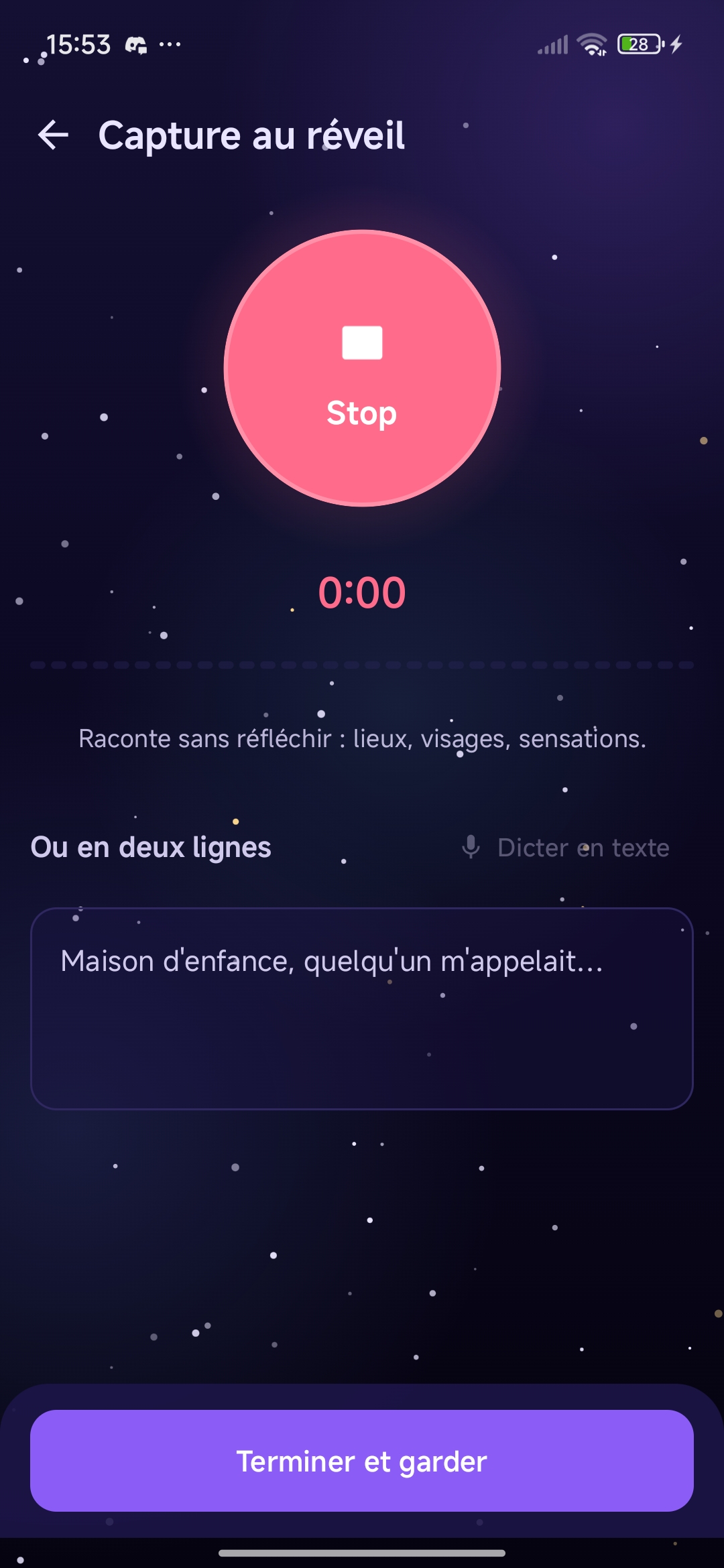 Écran de capture au réveil de ZzzApp : le bouton d’enregistrement est déjà actif, un champ de texte attend en dessous.